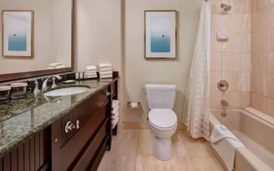 Guest bathroom with shower and tub at Embassy Suites By Hilton San Diego-La Jolla.