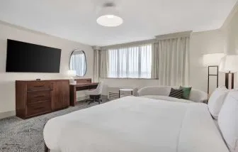 Day use room with work desk and sofa at Hilton Crystal City At Washington Reagan National Airport.