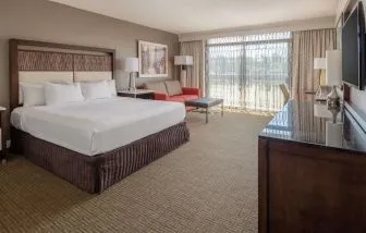 Day use room with work desk and sofa at Hilton Bellevue.