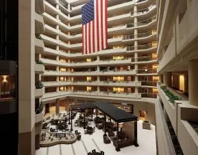 Aerial view of the lobby and coworking lounge at Embassy Suites By Hilton Crystal City-National Airport.