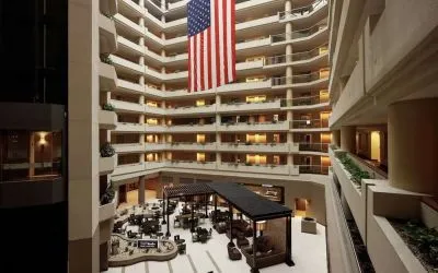 Aerial view of the lobby and coworking lounge at Embassy Suites By Hilton Crystal City-National Airport.