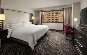 King bedroom with work desk at Embassy Suites By Hilton Crystal City-National Airport.