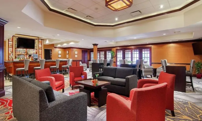 Lobby and coworking lounge at DoubleTree By Hilton Lisle-Naperville.