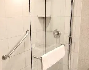 Guest bathroom with shower at DoubleTree By Hilton Lisle-Naperville.