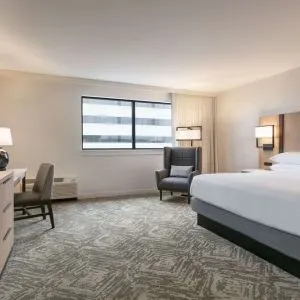 Spacious king size bed, TV and desk in a day use room at DoubleTree By Hilton Canton Downtown.