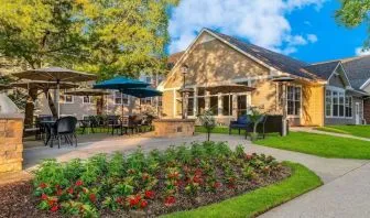 Beautiful patio with lounge seating at Sonesta ES Suites Parsippany Morris Plains.