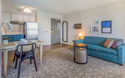 Day use suite with living room and kitchen at Sonesta ES Suites Austin The Domain Area.