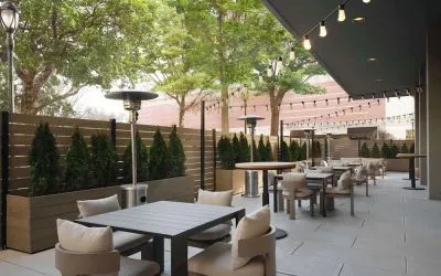 Hotel terrace with seating area, perfect for coworking at Sonesta White Plains Downtown.