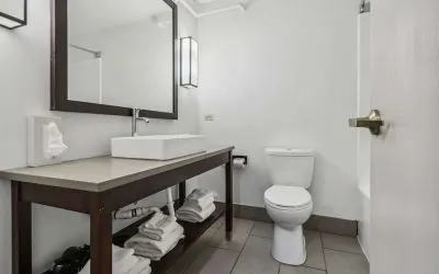 Private guest bathroom with shower and free toiletries at Country Inn & Suites By Radisson, Chicago O'Hare South.