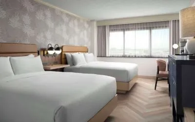 Day use twin room with work desk and natural light at Sonesta Los Angeles Airport LAX.