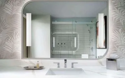 Private guest bathroom with shower at Sonesta Los Angeles Airport LAX.