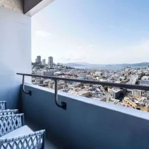 Balcony inside day use room overlooking the city at Hilton San Francisco Financial District.
