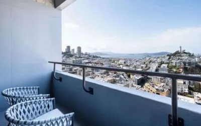 Balcony inside day use room overlooking the city at Hilton San Francisco Financial District.