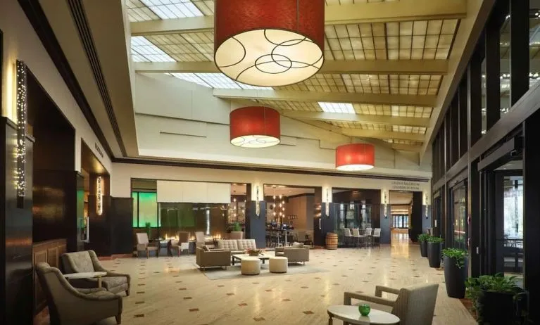 Lobby and coworking lounge at Hilton Rosemont/Chicago O'Hare.