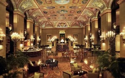 Romantic lobby and coworking lounge at Palmer House A Hilton Hotel.