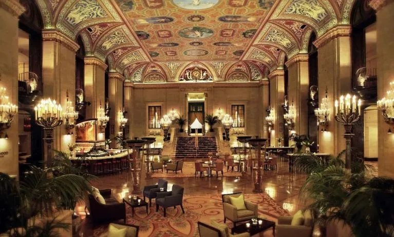 Romantic lobby and coworking lounge at Palmer House A Hilton Hotel.