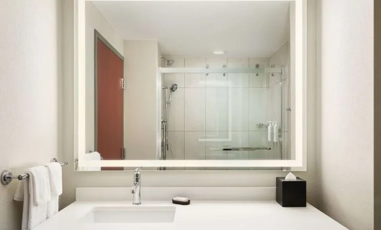 Guest bathroom with shower at Embassy Suites By Hilton Hampton Convention Center.