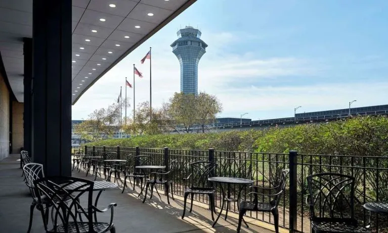 Outdoor seats at Hilton Chicago O'Hare Airport.