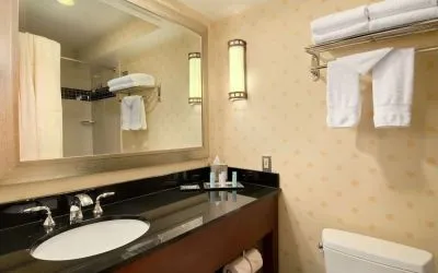 Guest bathroom with shower at Hilton Chicago O'Hare Airport.