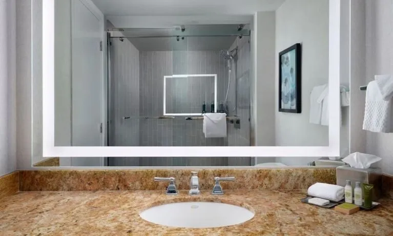 Guest bathroom with shower at Hotel Fera Anaheim, A DoubleTree By Hilton.