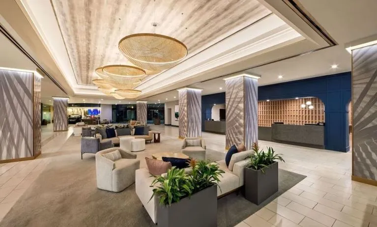 Lobby and coworking lounge at Hotel Fera Anaheim, A DoubleTree By Hilton.