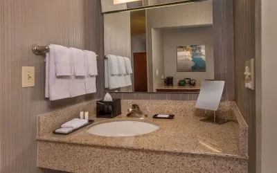 Private guest bathroom with free toiletries at Sonesta Select Arlington Rosslyn.