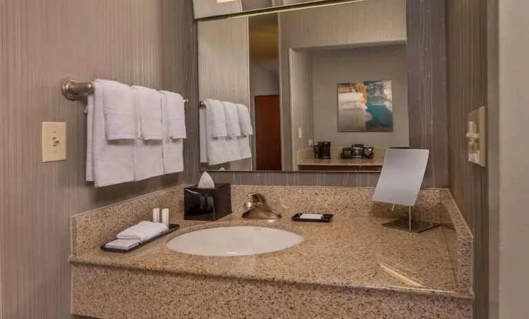 Private guest bathroom with free toiletries at Sonesta Select Arlington Rosslyn.