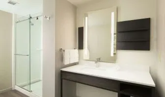 Guest bathroom with shower at Hilton Garden Inn Memphis Downtown.