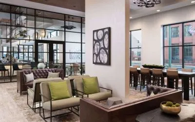 Lobby and coworking lounge at Hilton Garden Inn Memphis Downtown.