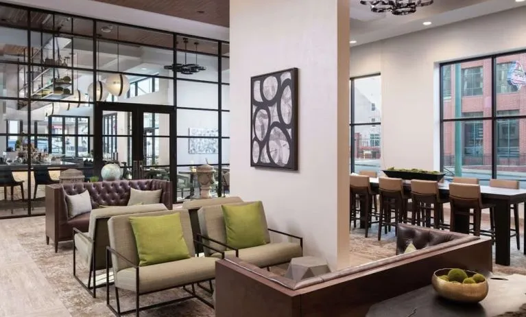 Lobby and coworking lounge at Hilton Garden Inn Memphis Downtown.