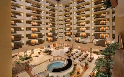 Expansive lobby and coworking lounge at Embassy Suites By Hilton Nashville South Cool Springs.