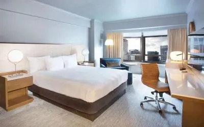 Day use room with work desk and natural light at New York Hilton Midtown.
