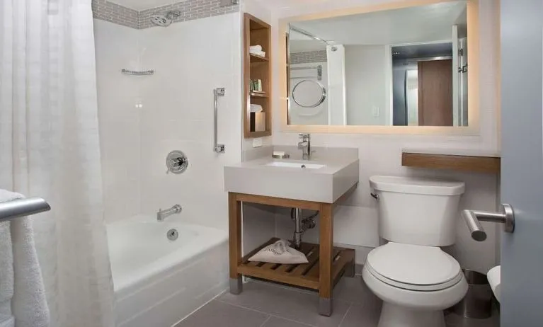 Guest bathroom with shower and tub at New York Hilton Midtown.