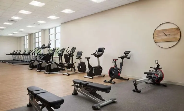 Fully-equipped fitness center at Hilton Charlotte Airport.
