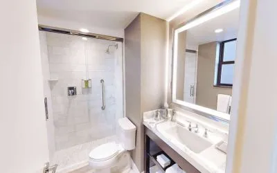 Guest bathroom with shower at Hilton Chicago.