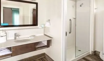 Guest bathroom with shower at Hampton Inn & Suites By Hilton Atlanta Perimeter Dunwoody.