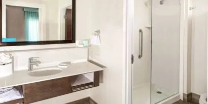 Guest bathroom with shower at Hampton Inn & Suites By Hilton Atlanta Perimeter Dunwoody.
