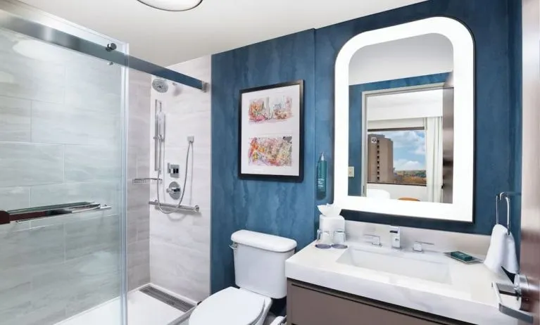 Guest bathroom with shower at Doubletree By Hilton Houston Medical Center Hotel & Suites.
