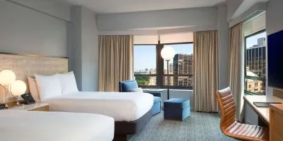 Day use twin room with work desk at New York Hilton Midtown.