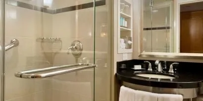 Guest bathroom with shower at New York Hilton Midtown.