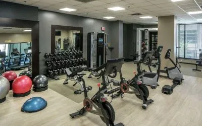 Fully equipped fitness center at Hilton Minneapolis.