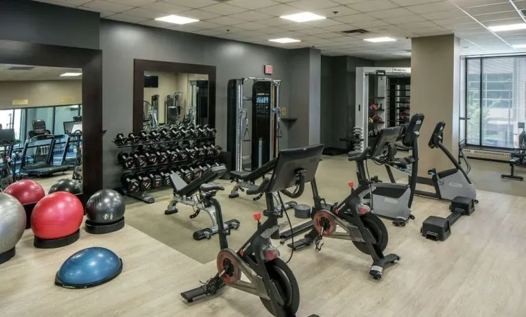 Fully equipped fitness center at Hilton Minneapolis.