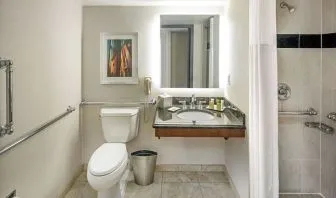 Private guest bathroom with shower and free toiletries at Hilton Minneapolis.