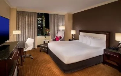 King bed at Hilton Minneapolis.