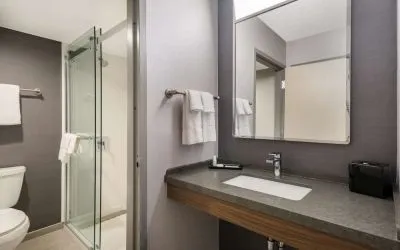 Private guest bathroom with shower at Sonesta Select San Jose Airport.