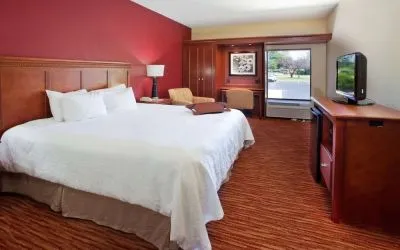 King room with TV screen, work desk and sofa at Hampton Inn Columbus-East.