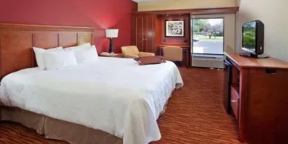 King room with TV screen, work desk and sofa at Hampton Inn Columbus-East.