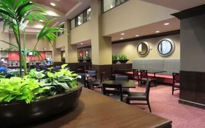 Dining area perfect for coworking at Embassy Suites By Hilton St. Louis Downtown.
