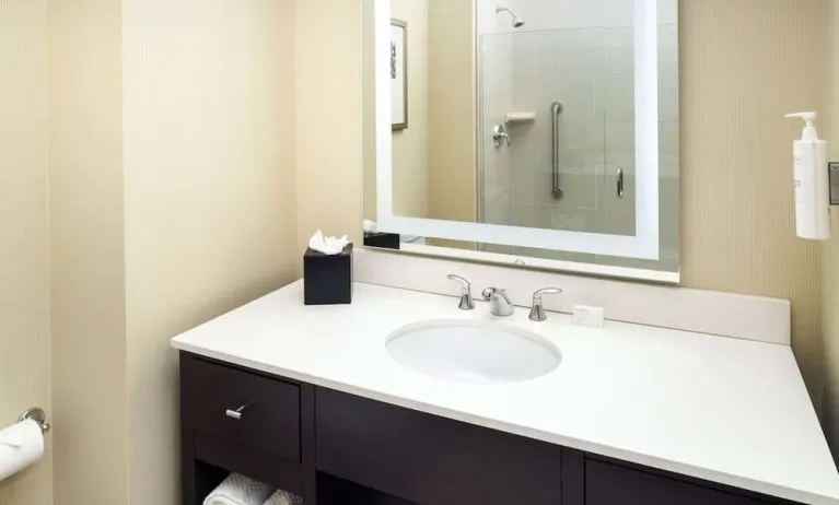 Guest bathroom with shower at Embassy Suites By Hilton St. Louis Downtown.