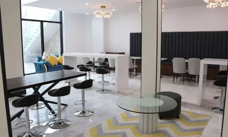 Lobby and coworking lounge at Liberty View Brooklyn Hotel.